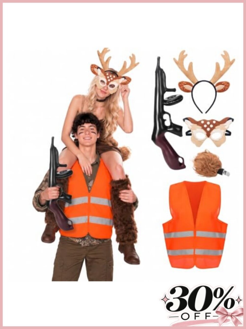 5 Pc Halloween Couples Deer Hunter Costume Set Antler Headband Mask Tail